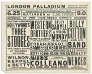 Promotional Card From the London Palladium, Featuring The Three Stooges Show on 5 June 1939 -- Measures 6.5 x 5.25 -- Chip at Bottom Corner, Else Near Fine